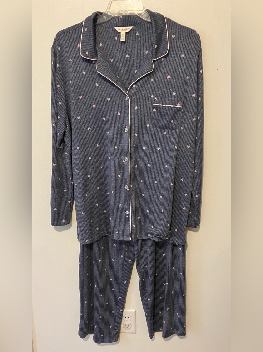 LAURA ASHLEY Navy Ribbed Pajama Set with Pink Heart Accents